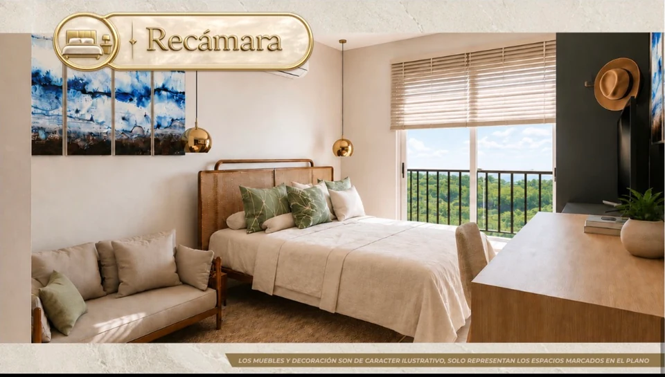 Render de una recámara con sofá, balcón con vista a árboles y escritorio de trabajo.