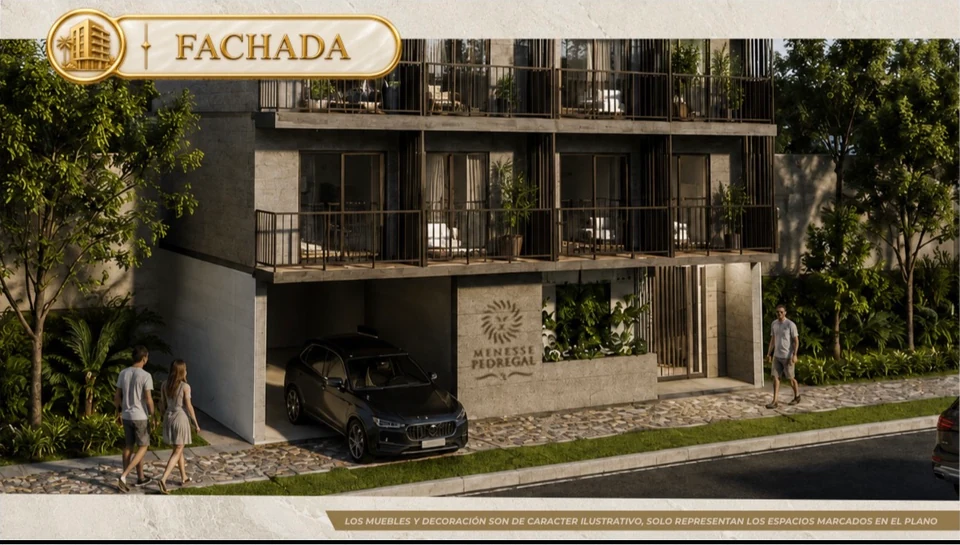 Render nocturno de la fachada de Menesse Pedregal 3, con balcones, entrada en planta baja, jardinería y el letrero grabado del proyecto.