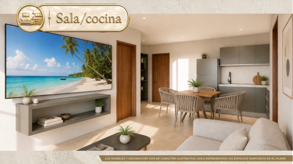 Render de una sala, comedor y cocina integrados.