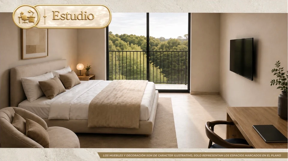 Render de la recámara de la unidad Estudio, con una cama frente a un ventanal de piso a techo y balcón con vista a árboles.